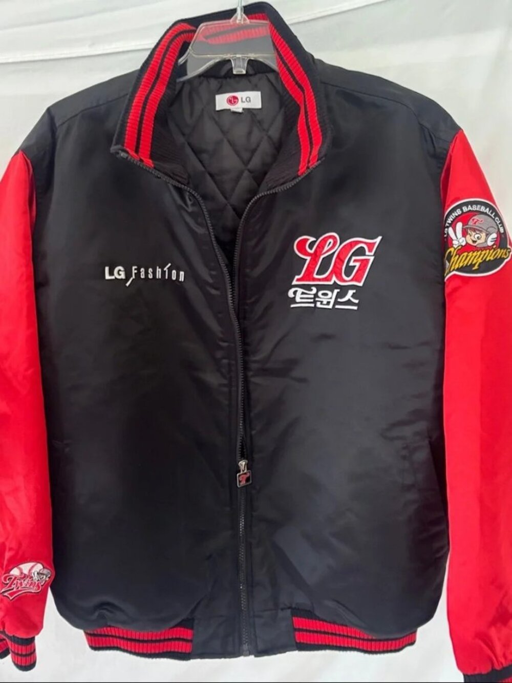 LG Black and Red Varsity Jacket with Logo Patches 1994 Championship. Satin